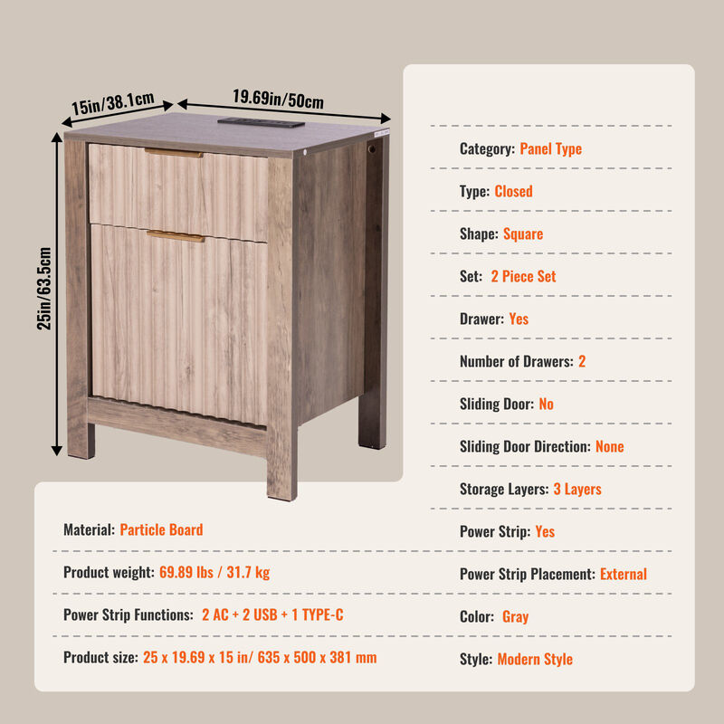 3 Tiers End Table with Storage Cabinet and 2 Drawers Ideal for Living Room