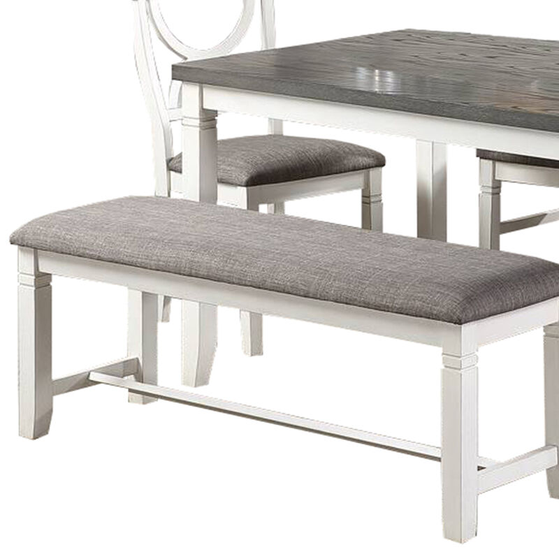 6 Piece Dining Set with Cut Out Back Chairs and Padded Bench, White and Gray - Benzara