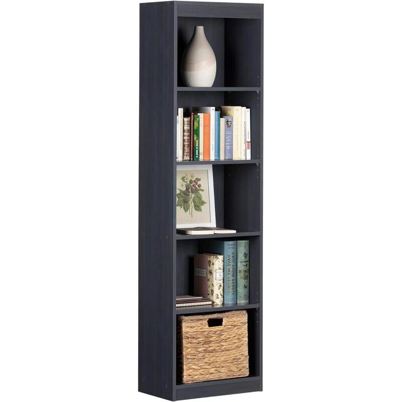 Hivvago Narrow 5-Shelf Bookcase Slim Storage Shelving Unit Dark Blue Black Wood Finish