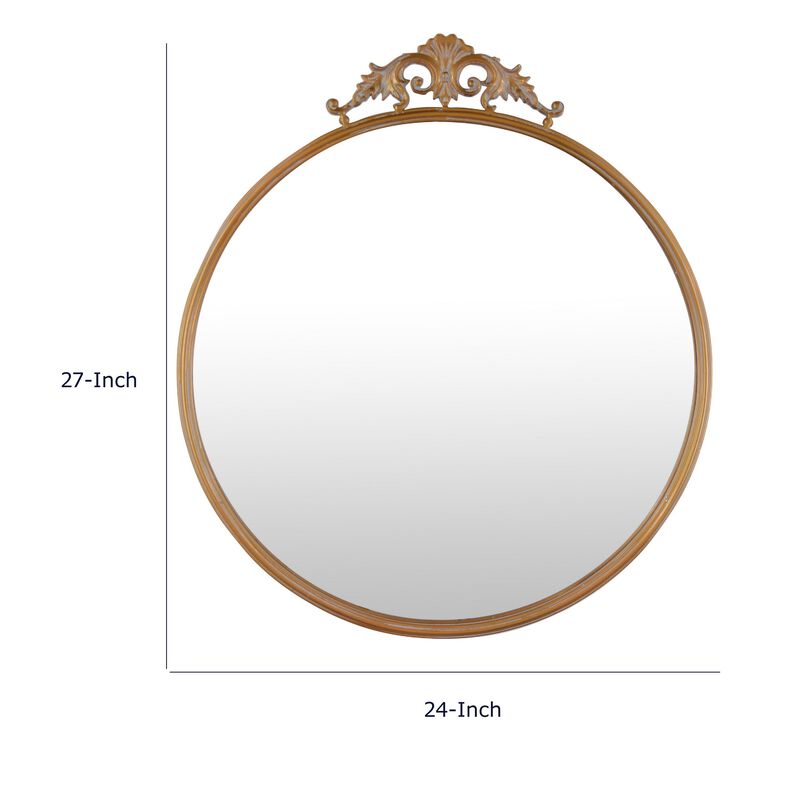 Drek Traditional Round Wall Mirror with Ornate Crest Top, Gold Metal 24x27 image number 7