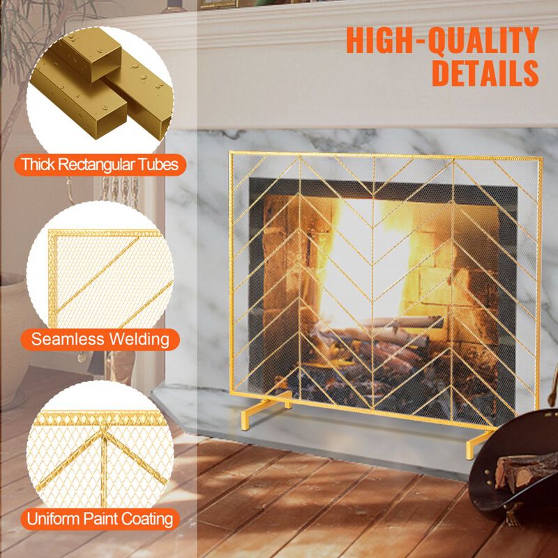 Single Panel Fireplace Screen with Iron Mesh, Freestanding Spark Guard for Indoor Fireplace-Gold image number 3