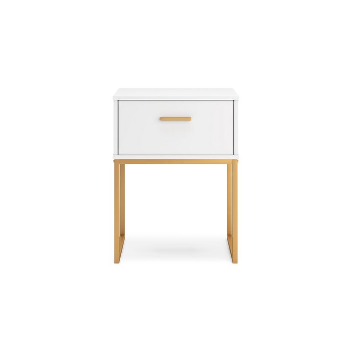 Alli Nightstand, 1 Drawer, Matte White Wood, Gold Metal Legs, 26 Inch - Benzara