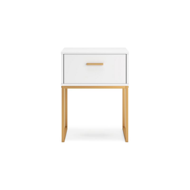 Alli Nightstand, 1 Drawer, Matte White Wood, Gold Metal Legs, 26 Inch - Benzara
