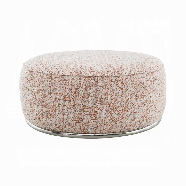 Sarah Ottoman, Round 39 Inch, Modern Style White Red Patterned Boucle - Benzara