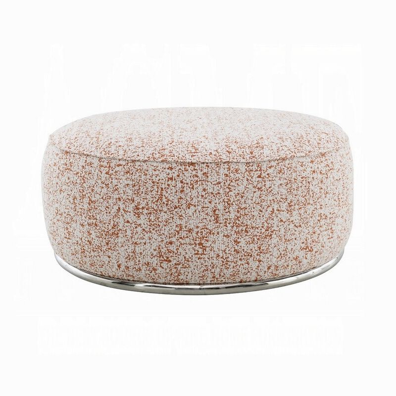 Sarah Ottoman, Round 39 Inch, Modern Style White Red Patterned Boucle - Benzara