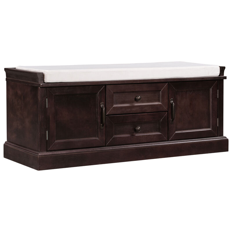 Storage Bench With 2 Drawers And 2 Cabinets, Shoe Bench With Removable Cushion For Living Room