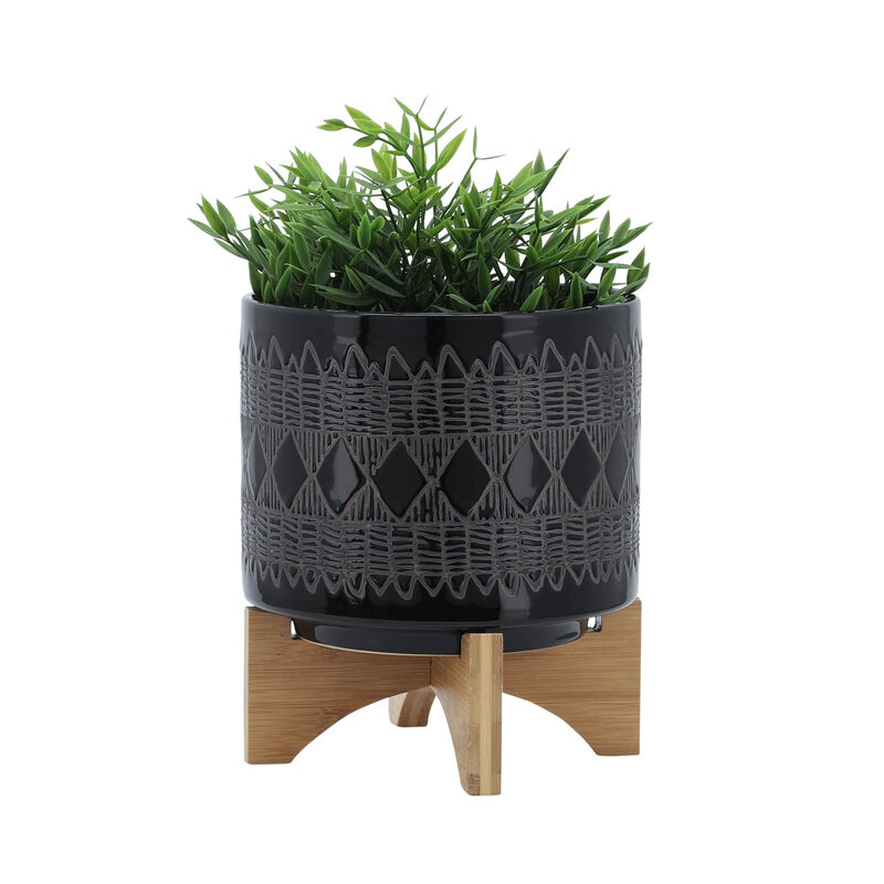 Ceramic 8" Aztec Planter On Wooden Stand