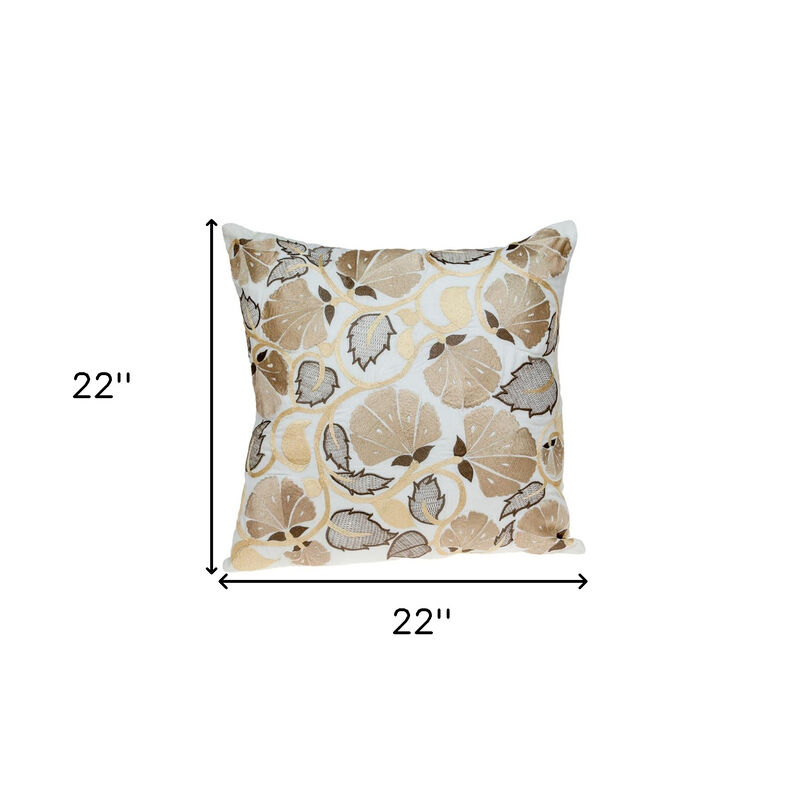 HomeRoots 22" Gold and White Floral Cotton Throw Pillow With Embroidery image number 5
