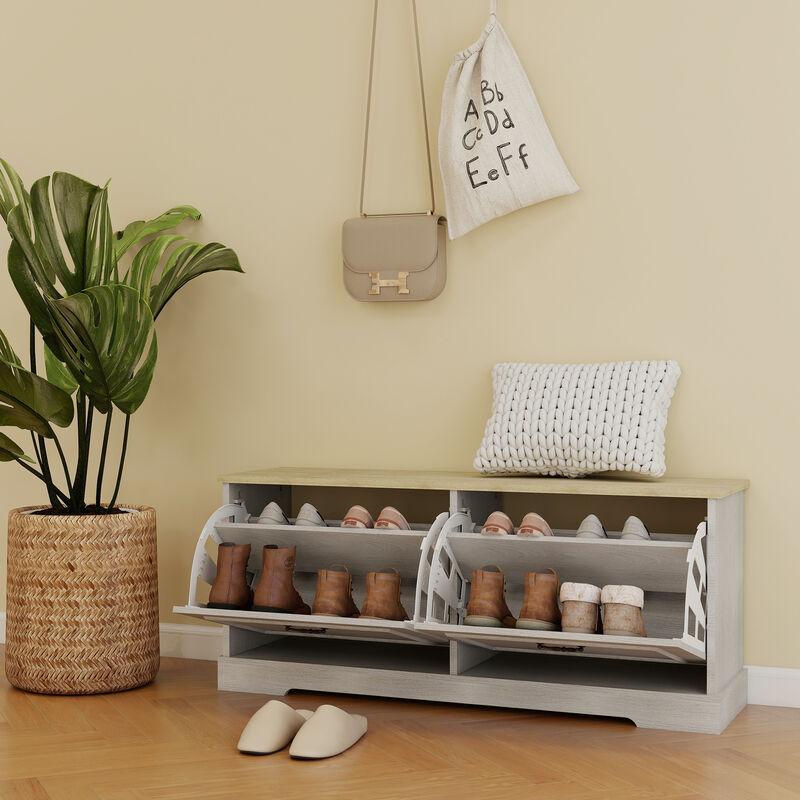 17.71 in. H x 41.33 in. W Antique White Shoe Cabinet with 2 Flip Drawers and Adjustable Shelf