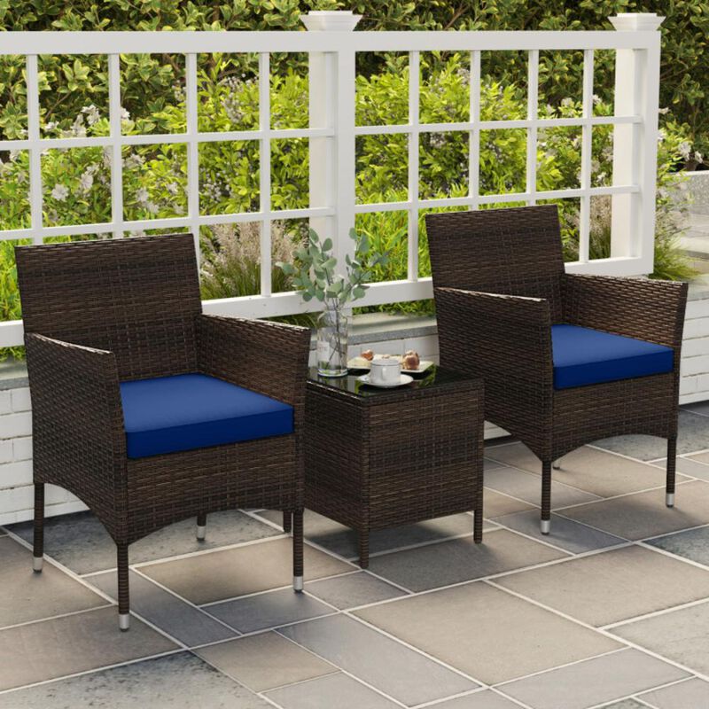 Hivvago 3 Pieces Outdoor Conversation Set with Cushioned Seat and Glass Tabletop