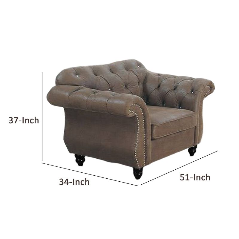 Rima 51 Inch Classic Accent Chair, Velvet Upholstery, Rolled Arms, Brown-Benzara image number 5