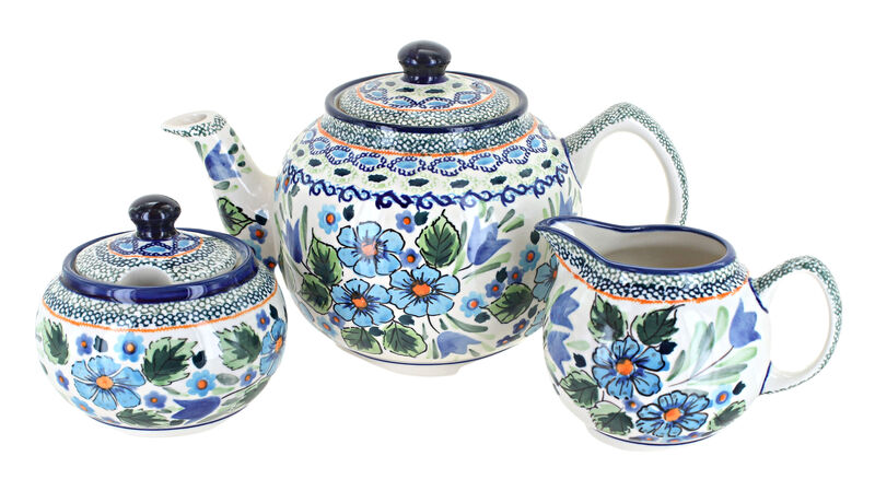 Blue Rose Polish Pottery Blue Tulip Three Piece Tea Set