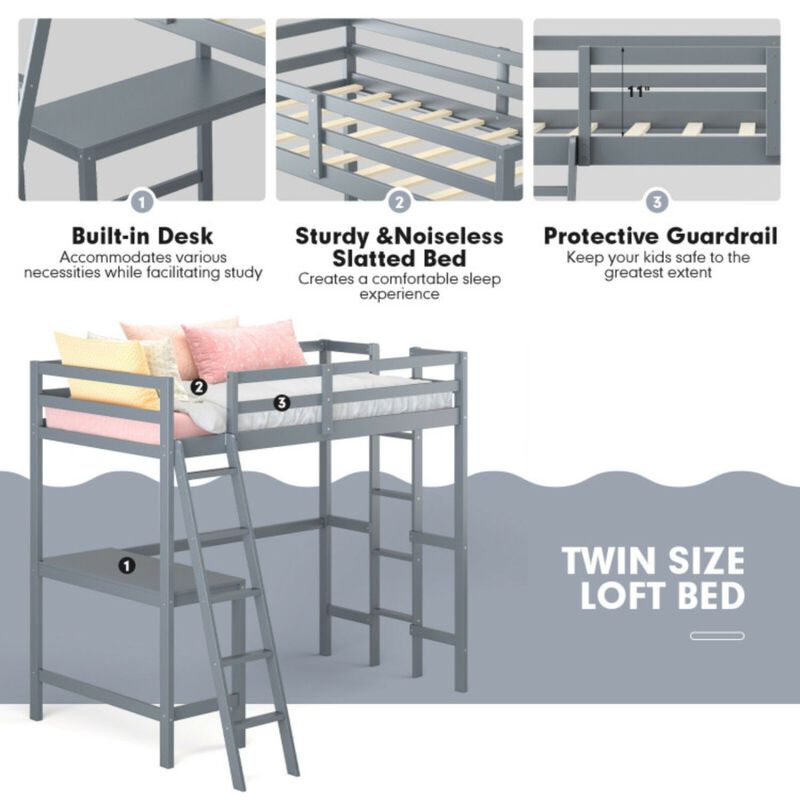 Twin Size Loft Bed Frame with Desk Angled and Built-in Ladder