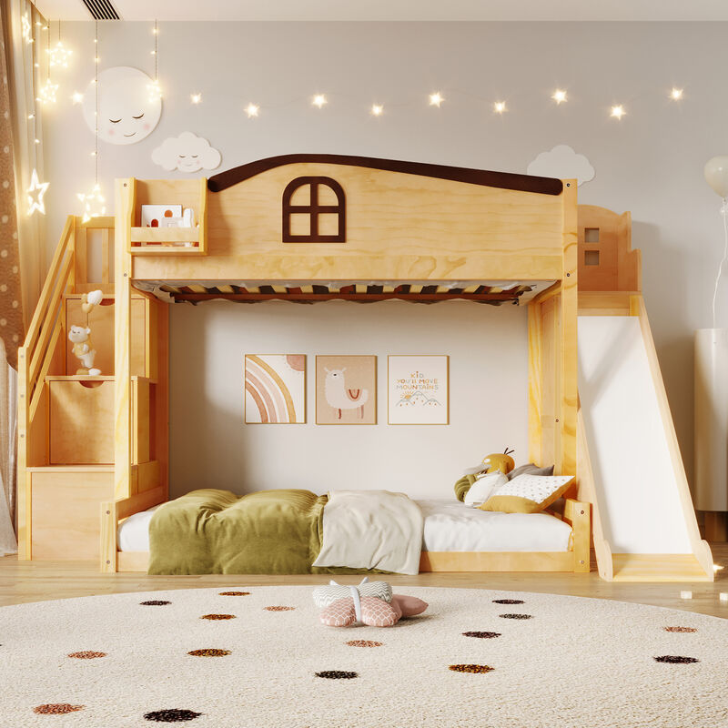 Merax Twin over Full Bunk Bed with Storage Staircase, Shelf, Slide & Wardrobe image number 3