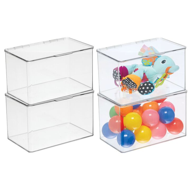 mDesign Plastic Playroom/Gaming Storage Organizer Box, Hinge Lid, 4 Pack, Clear