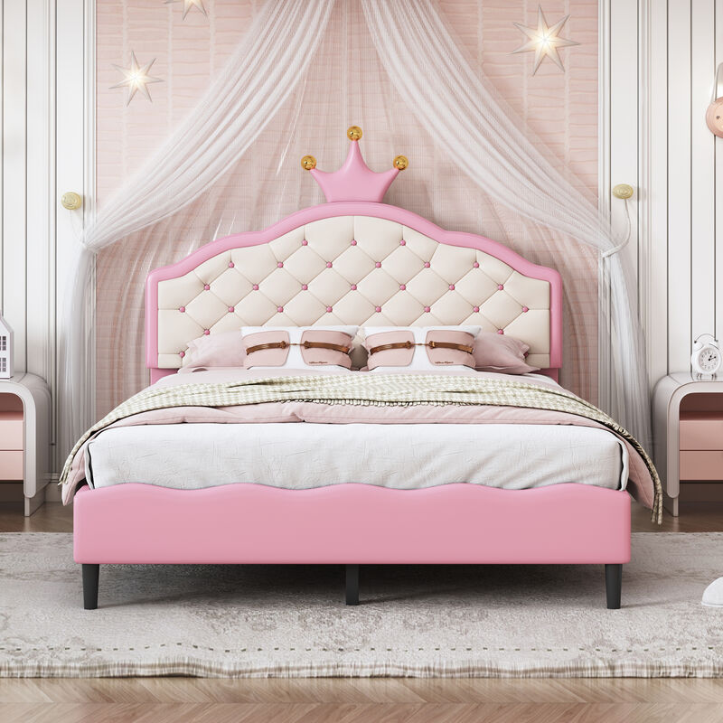 Merax Lovely Crown Fantasy PU Leather Princess Bed with Tufted Headboard