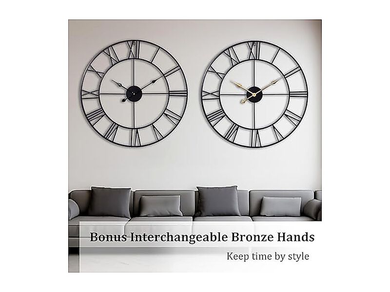 30 Inch Wall Clock Decor Oversized Large Black Metal Roman Numeral Silent Clocks image number 2