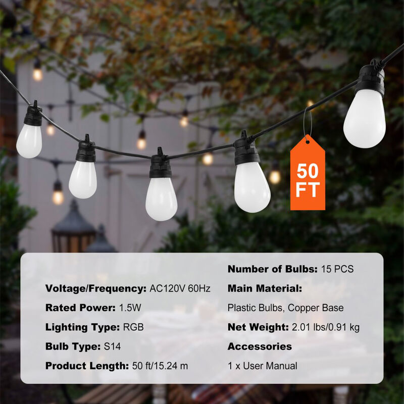 50 Ft RGB Patio String Lights 15 Bulbs App Control Adjustable Brightness image number 7