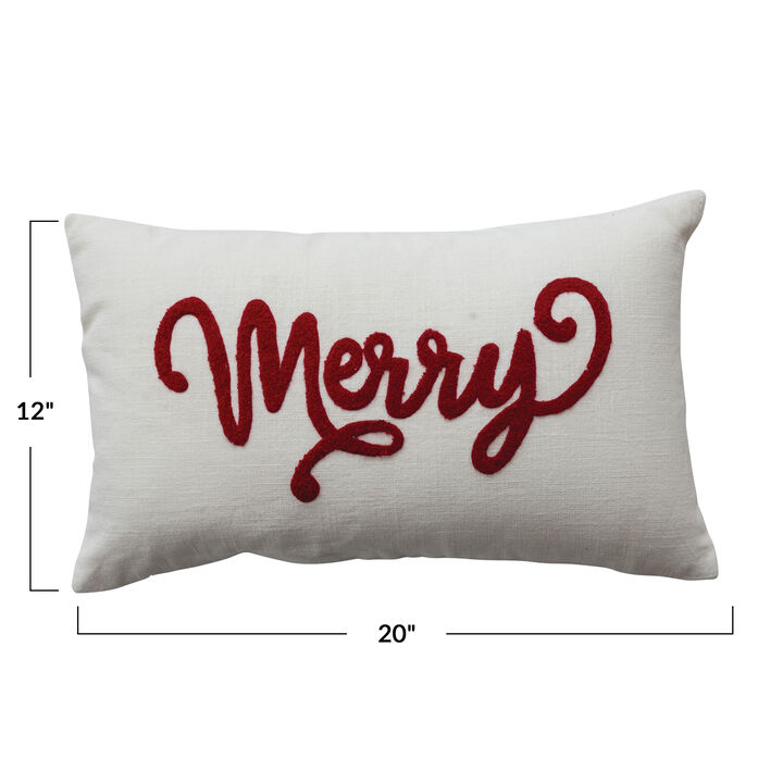 Cotton Slub Lumbar Pillow with Embroidered "Merry", Natural and Red