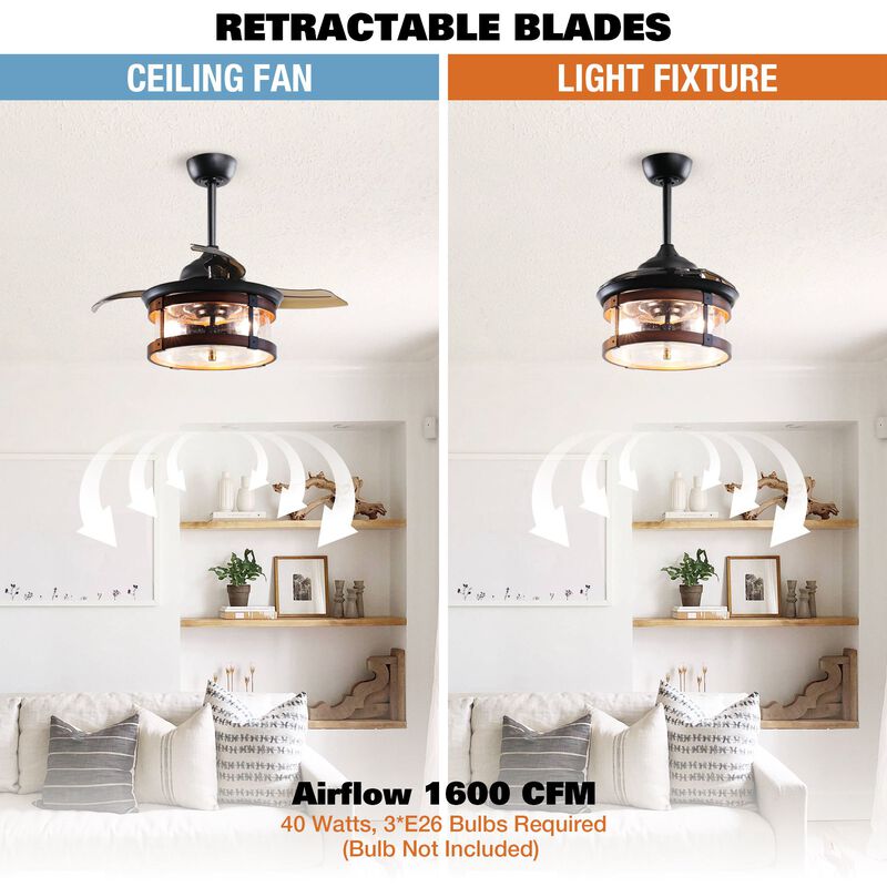 36 in. Industrial Retractable 3 Blades Ceiling Fan Chandelier with Remote