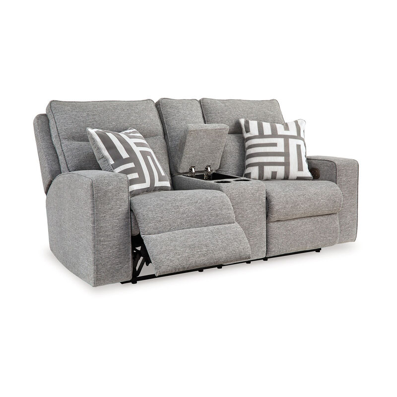 Cloe Power Reclining Loveseat, Gray Performance Nuvella, 2 Pillows - Benzara