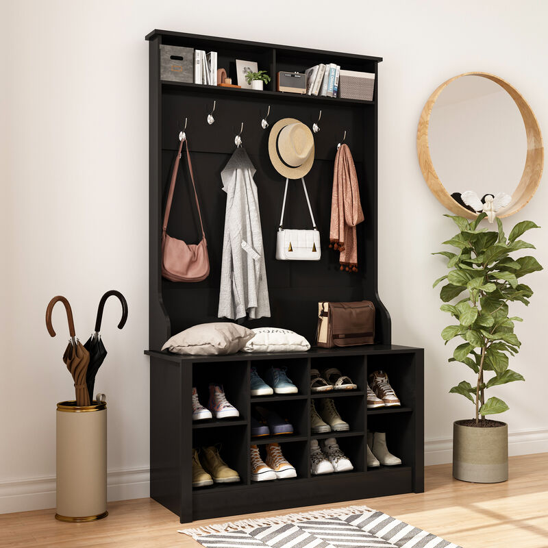 68.5 in. Black Wood 3-in-1 Hall Tree Coat Rack Storage Bench with 7-Metal Double Hooks and Shelves