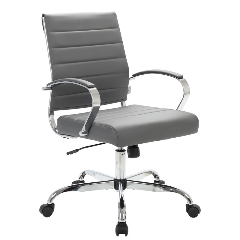 LeisureMod Benmar Mid-Back Office Chair, Leather Upholstery with Swivel, Tilt, and Chrome Base, Modern Desk Seating for Home Office or Conference Room