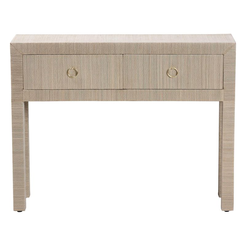 bali & pari Noah Grasscloth 2-Drawer Console Table - Woven Texture Entryway Table with Gold Ring Pulls, Narrow Hallway or Living Room Accent Table, Beige image number 3