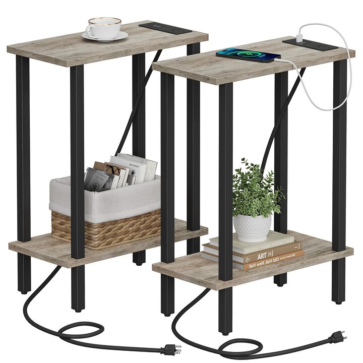 TUTOTAK Small End Table with Charging Station, Narrow Side Table with USB Ports and Outlets, Set of 2, Skinny Sofa Table, Slim N