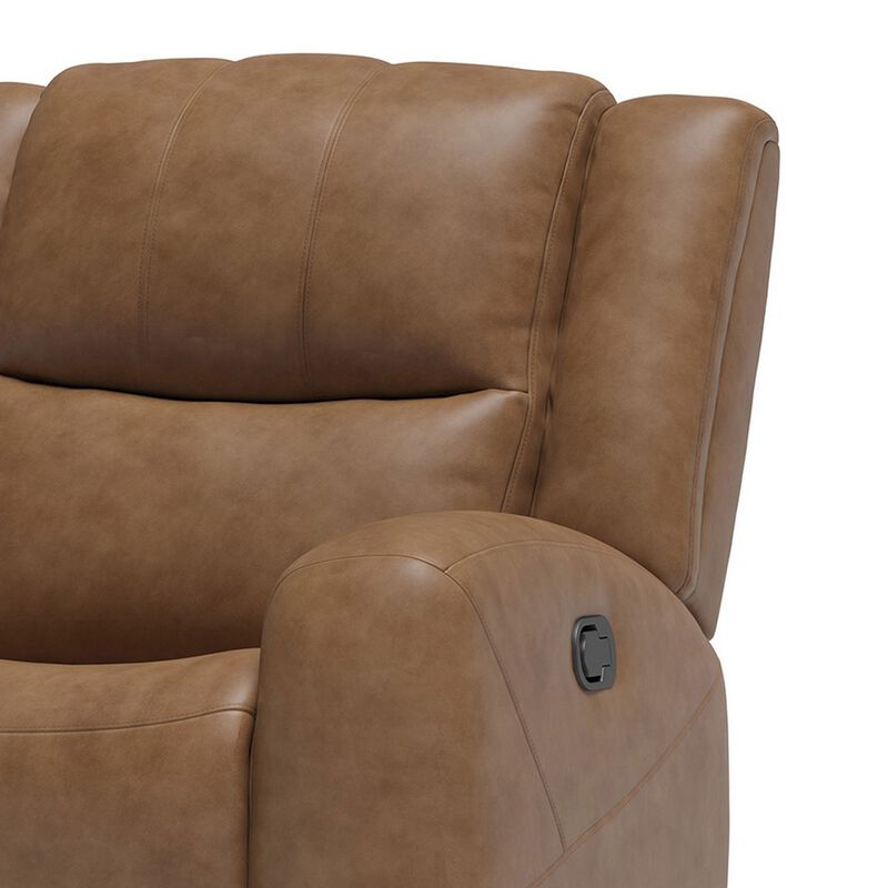 Leos Manual Recliner Chair, Contour Armrest, Wood Frame, Brown Leather - Benzara