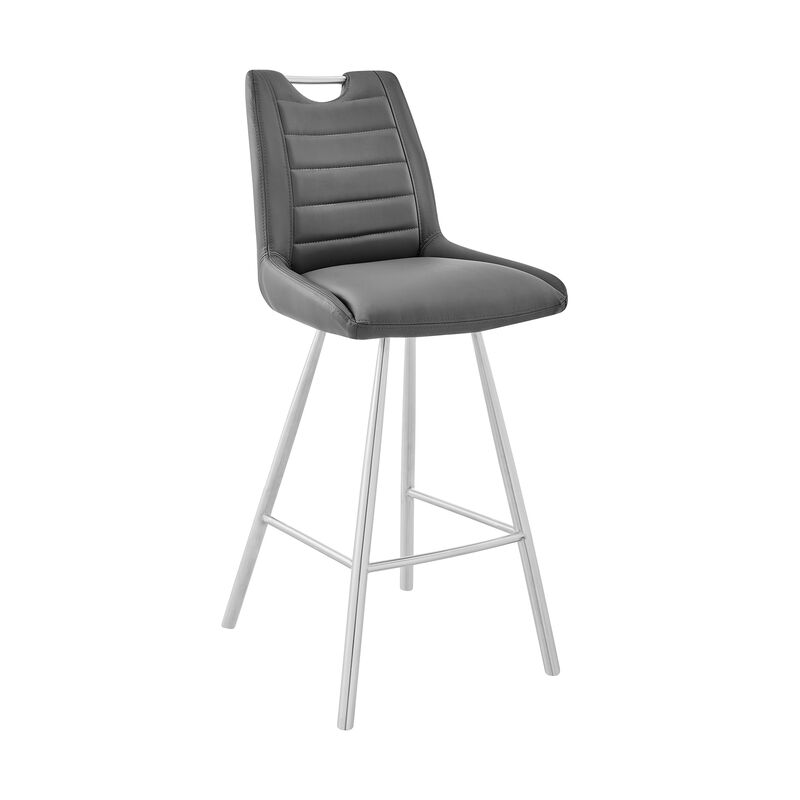 30 Inch Faux Leather Bar Stool, Silver and Charcoal-Benzara image number 1