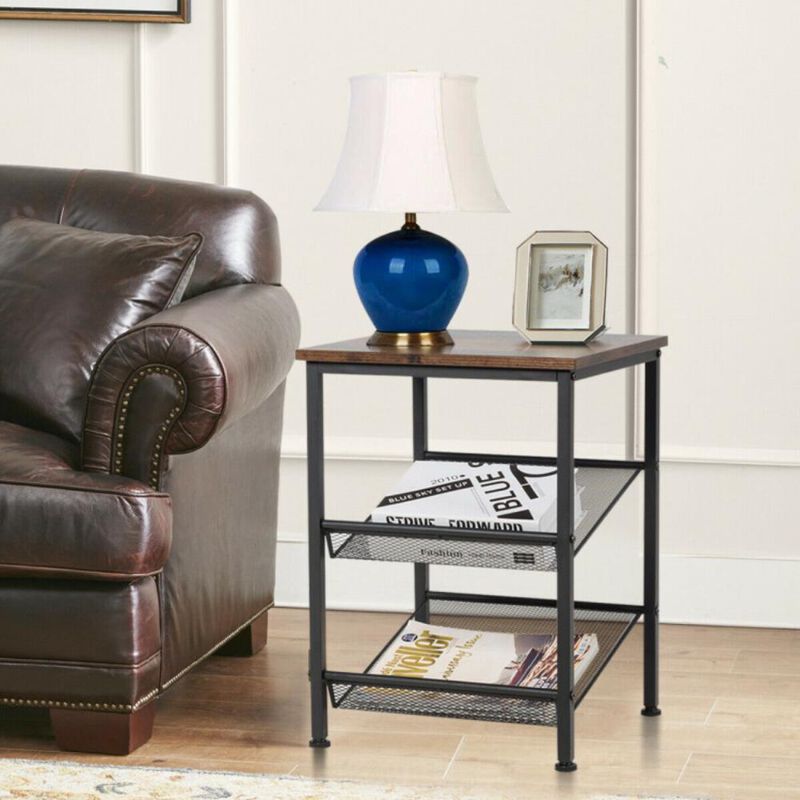 Hivvago 3-Tier Industrial End Table with Mesh Shelves and Adjustable Shelves