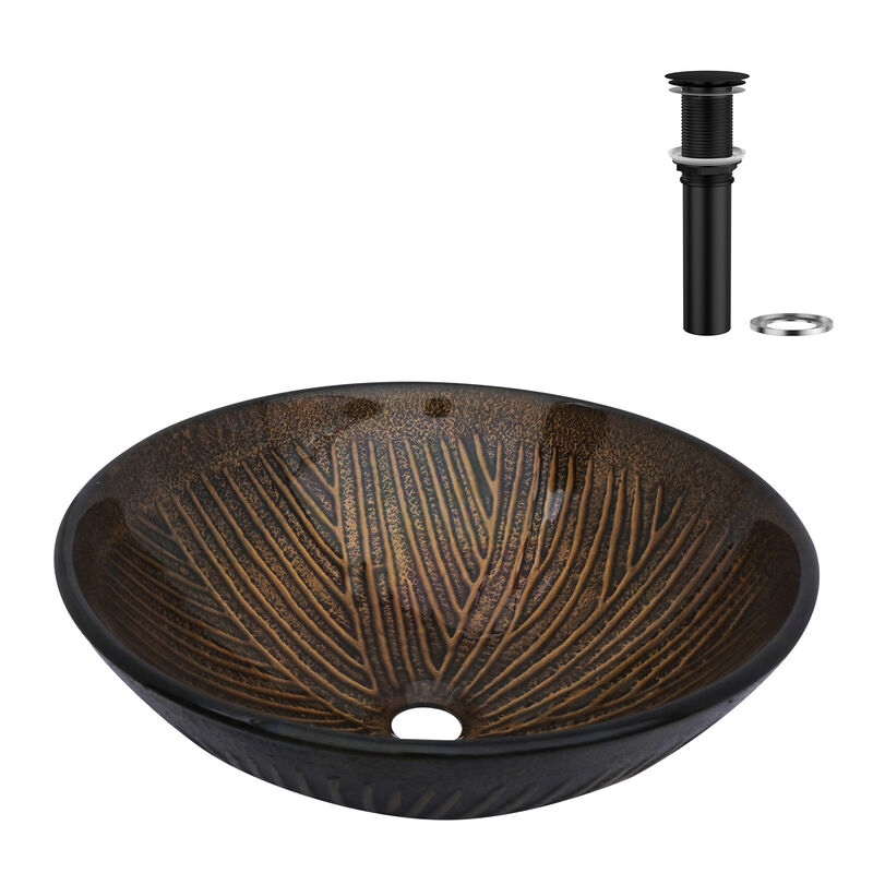 16.65 in. W x 16.65 in. D Above Countertop Round Bathroom Glass Vessel Sink Lavatory Art Basin with Drainer in Brown image number 0