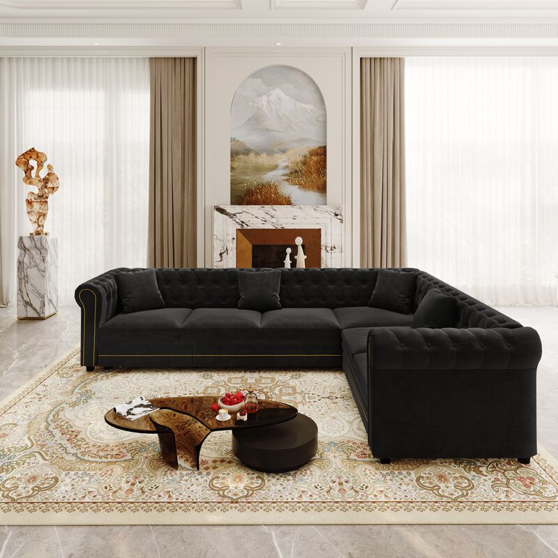 Gorheg Velvet L‑Shaped Chesterfield Sectional Sleeper Sofa image number 7