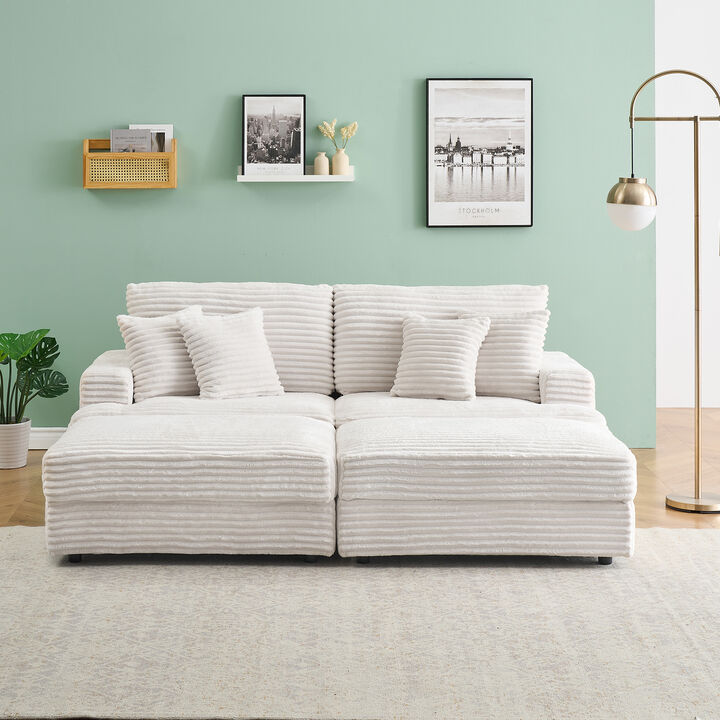 Merax Corduroy Sofa with Movable Storage Ottomans & Pillows