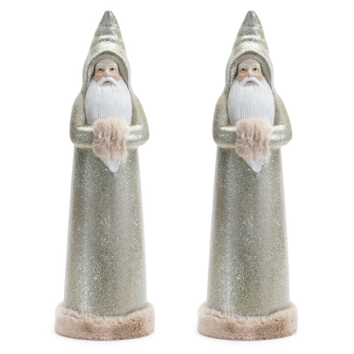 Set of 2 Glittered Sage Santa Statues for Holiday Shelf or Mantel Display