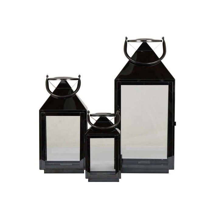 Davi Set of 3 Decorative Lanterns, Curved Handles, Glass Panel, Black Metal - Benzara