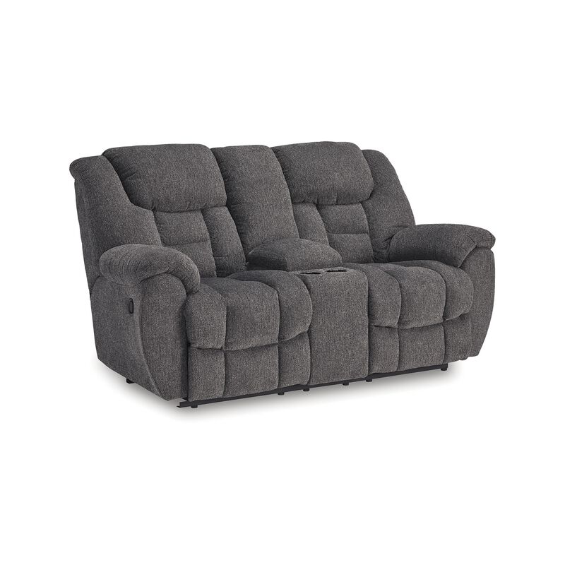 Dane Manual Double Reclining Loveseat, Rich Gray Polyester, 76 Inch - Benzara