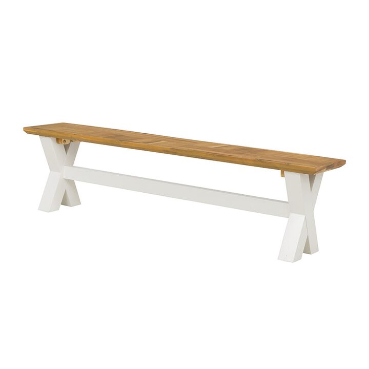 70 Inch Dining Bench, White X Leg Trestle Base, Acacia Wood, Brown Seat - Benzara