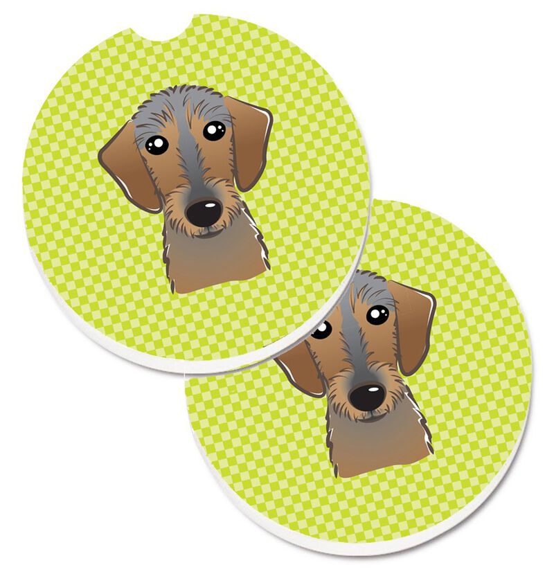 Caroline's Treasures Checkerboard Lime green Wirehaired Dachshund Set of 2 Cup Holder Car Coasters BB1295CARC, 2.56, Multicolor