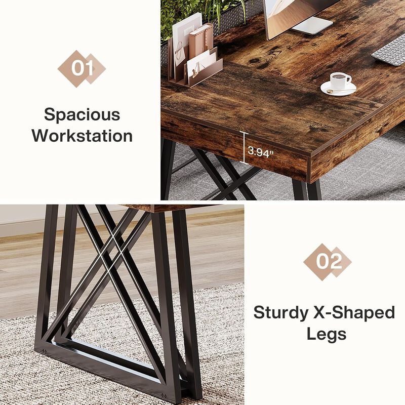 Tribesigns 63" Computer Desk, Farmhouse Office Executive Desk with X-Shaped Metal Legs, Large Home Office Desk and Writing Desk for Study Room, Rustic Industrial Wood Desk, 350 lb Capacity image number 8