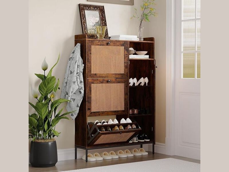 Entryway Wood Shoe Storage Cabinet Flip Drawer Brown Rattan image number 1