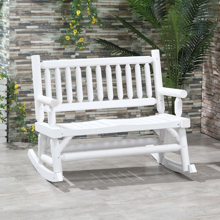 White 2-Person Wood Rocking Chair with Log Design: Heavy Duty Loveseat with Wide Curved Seats for Patio, Backyard, Garden