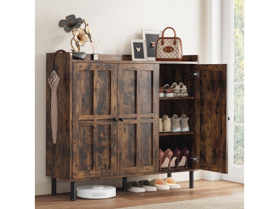 Entryway Metal Shoe Storage Cabinet 2 Tier Adjustable Shelves Brown