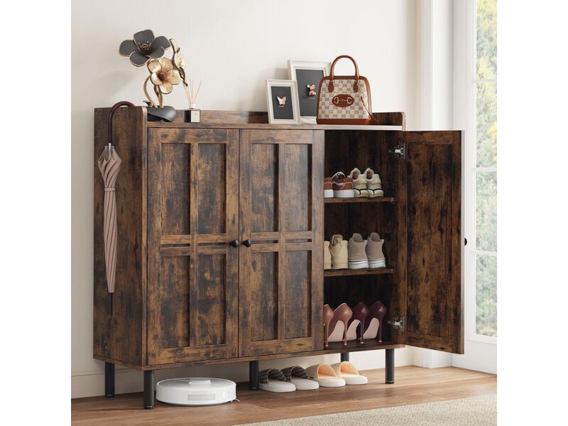 Entryway Metal Shoe Storage Cabinet 2 Tier Adjustable Shelves Brown image number 1