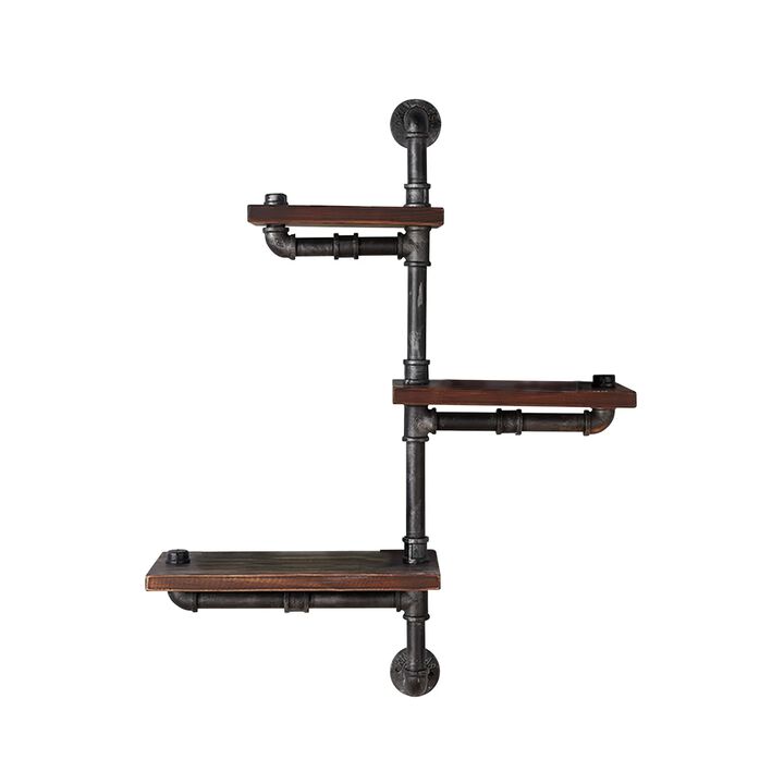 Metal Body Floating Three Wall Shelves with Pipe Design, Gray and Brown - Benzara