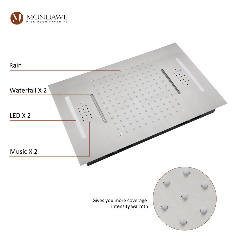 Mondawe 64 Colors LED Light and Music 3 Functions 4 Sprays Flush Ceiling Mounted Thermostatic Shower System with 6 Body Jets and Rough-in Valve in Titanium Gold image number 7