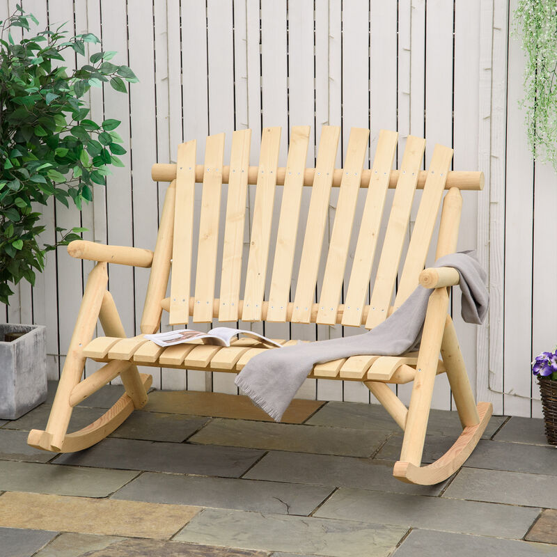 Outsunny Outdoor Wooden Rocking Chair, Double-person Adirondack Rocking Patio Chair with Rustic High Back, Slatted Seat and Backrest for Indoor, Backyard, Garden, Natural