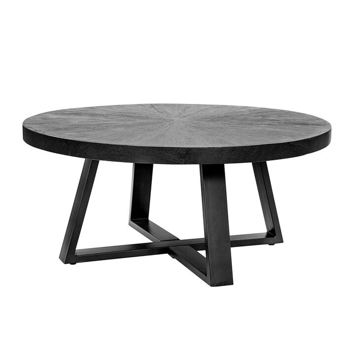 Benjara Raj 39 Inch Round Coffee Table, Cross Legs Design, Black Acacia Wood, Iron