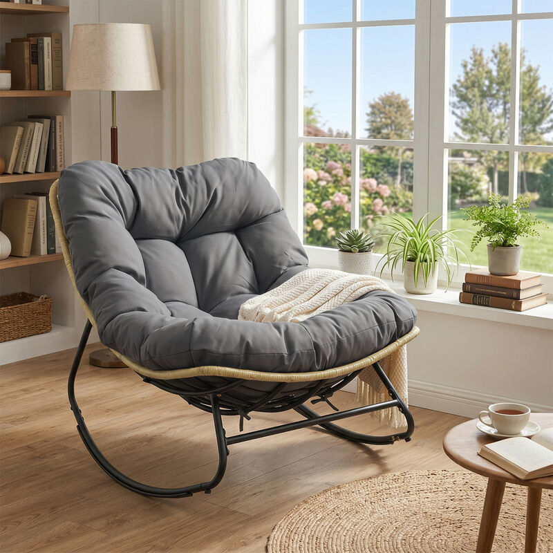 Patio Papasan Rocking Chair with Grey Thick Cushion for Outdoor Comfort image number 5